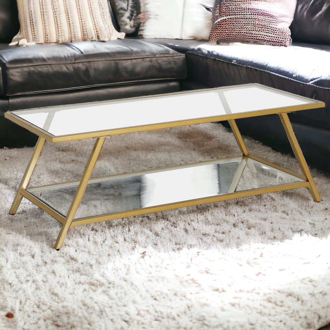 48" Rectangular Gold Glass Coffee Table with Storage Shelf