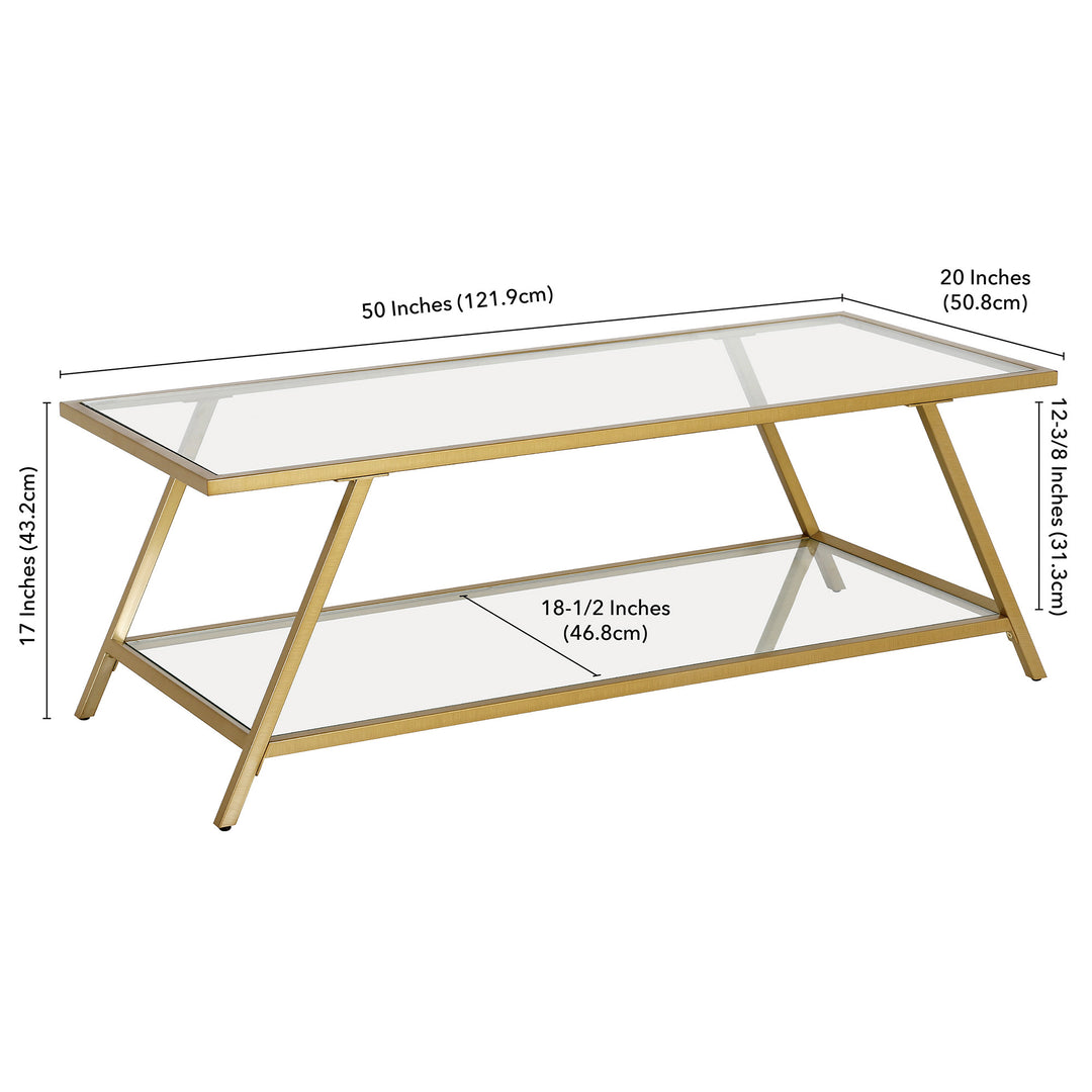 48" Rectangular Gold Glass Coffee Table with Storage Shelf