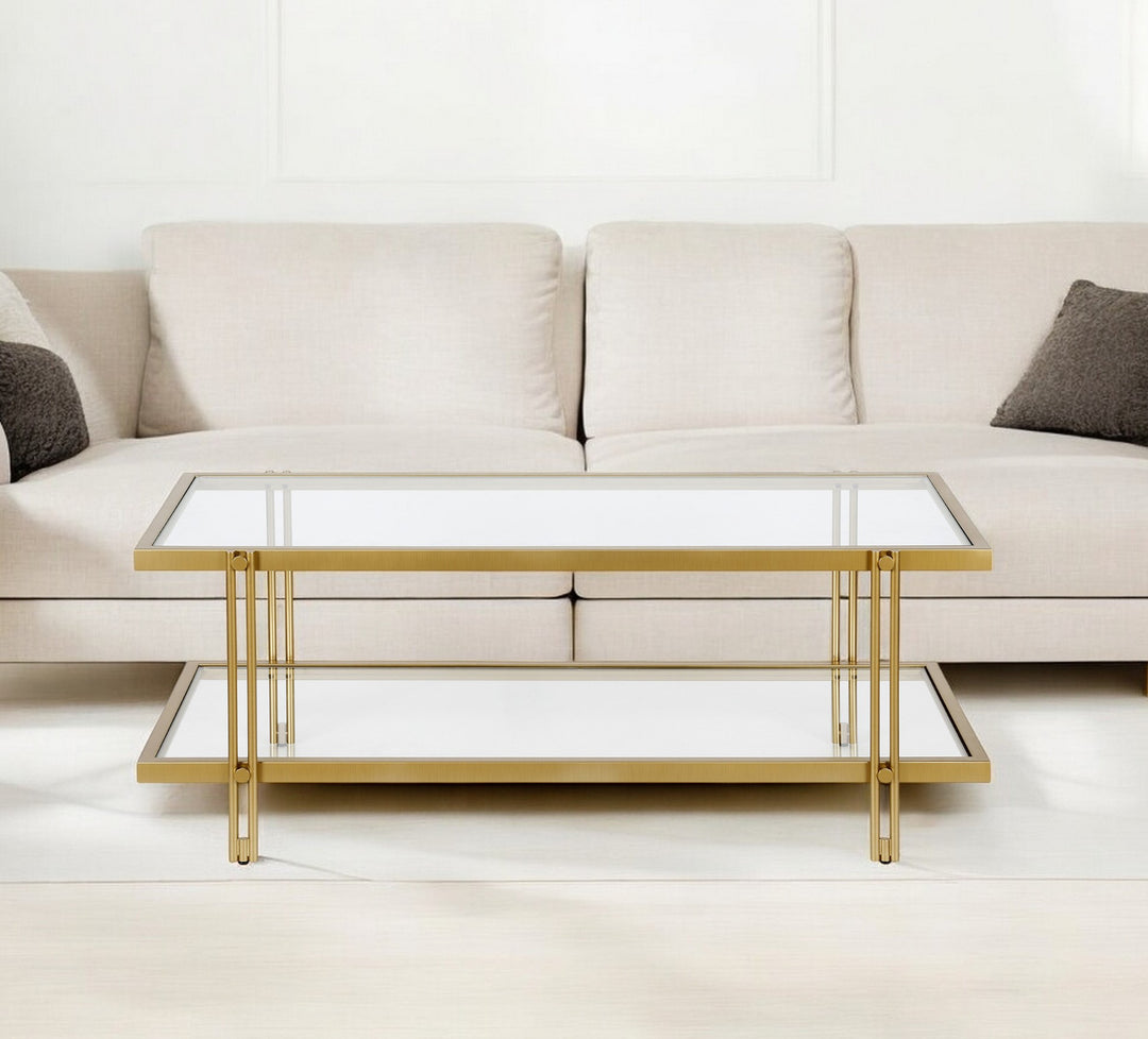 Modern 45-Inch Gold Glass and Steel Coffee Table with Shelf