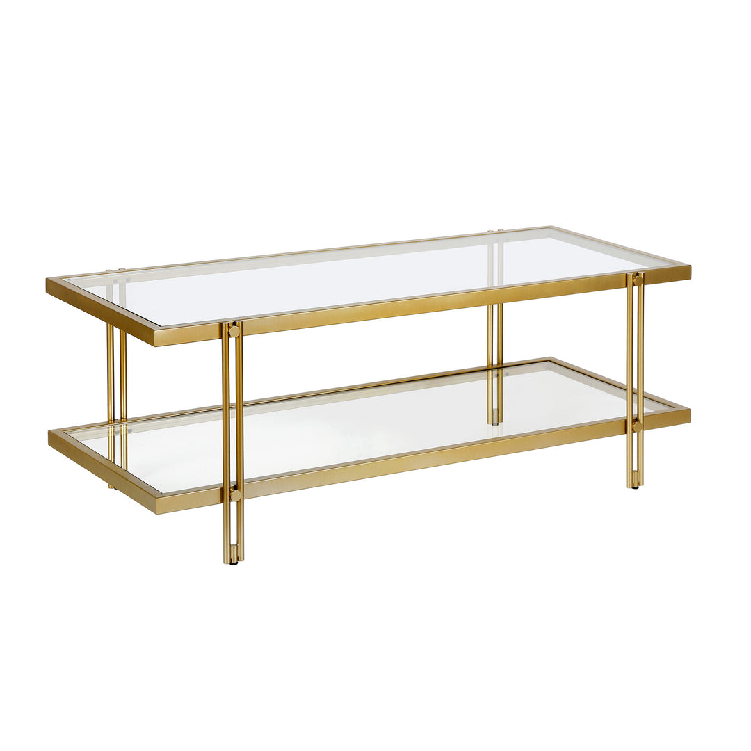 Modern 45-Inch Gold Glass and Steel Coffee Table with Shelf