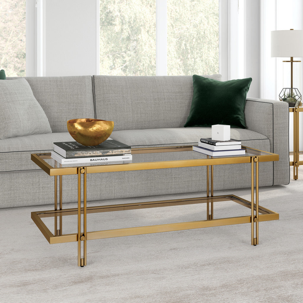 Modern 45-Inch Gold Glass and Steel Coffee Table with Shelf