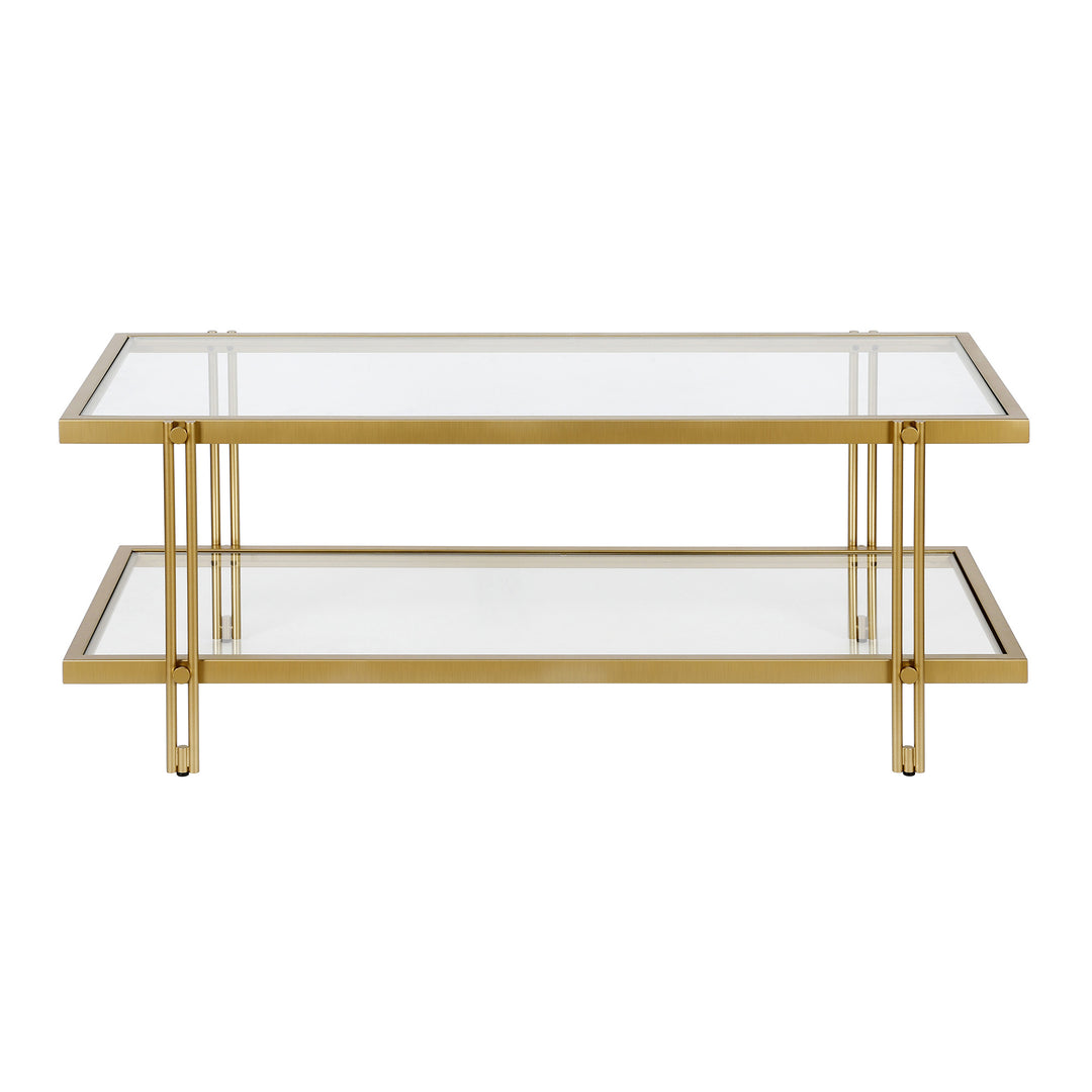 Modern 45-Inch Gold Glass and Steel Coffee Table with Shelf