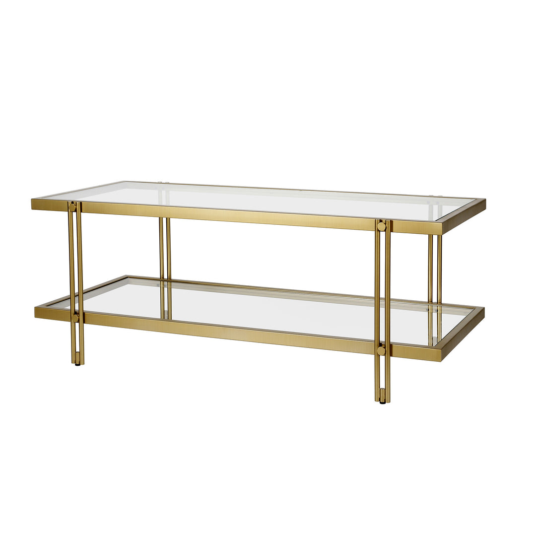 Modern 45-Inch Gold Glass and Steel Coffee Table with Shelf