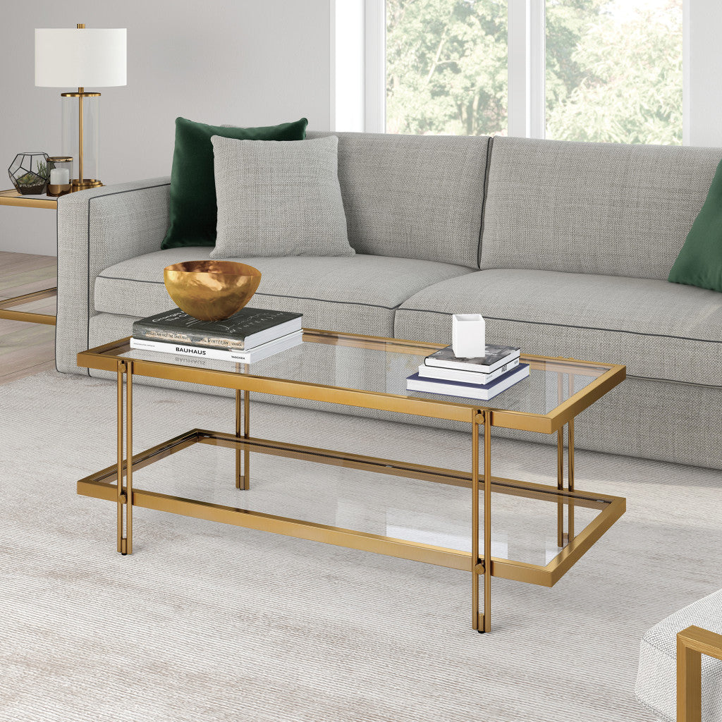 Modern 45-Inch Gold Glass and Steel Coffee Table with Shelf