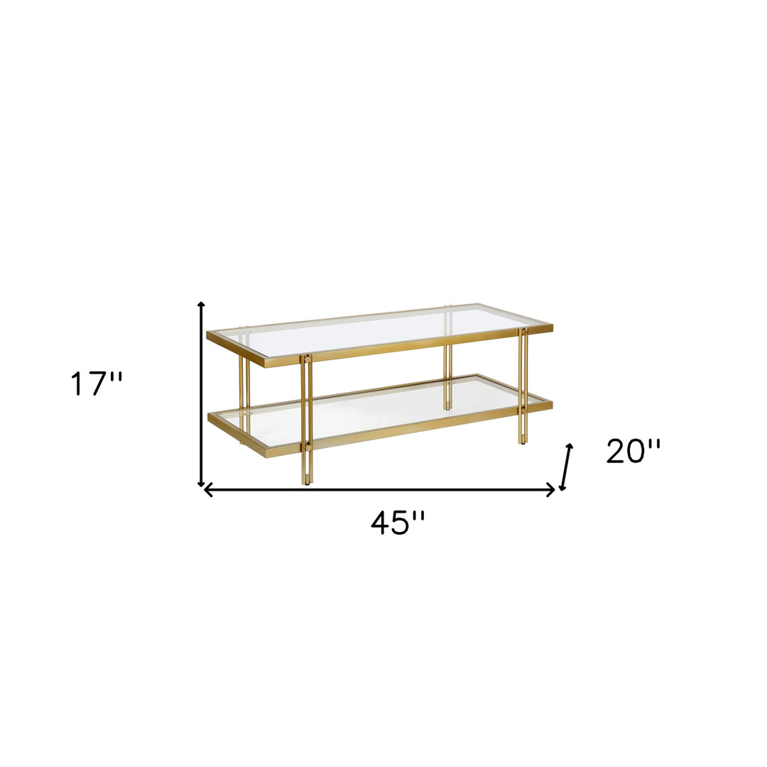 Modern 45-Inch Gold Glass and Steel Coffee Table with Shelf