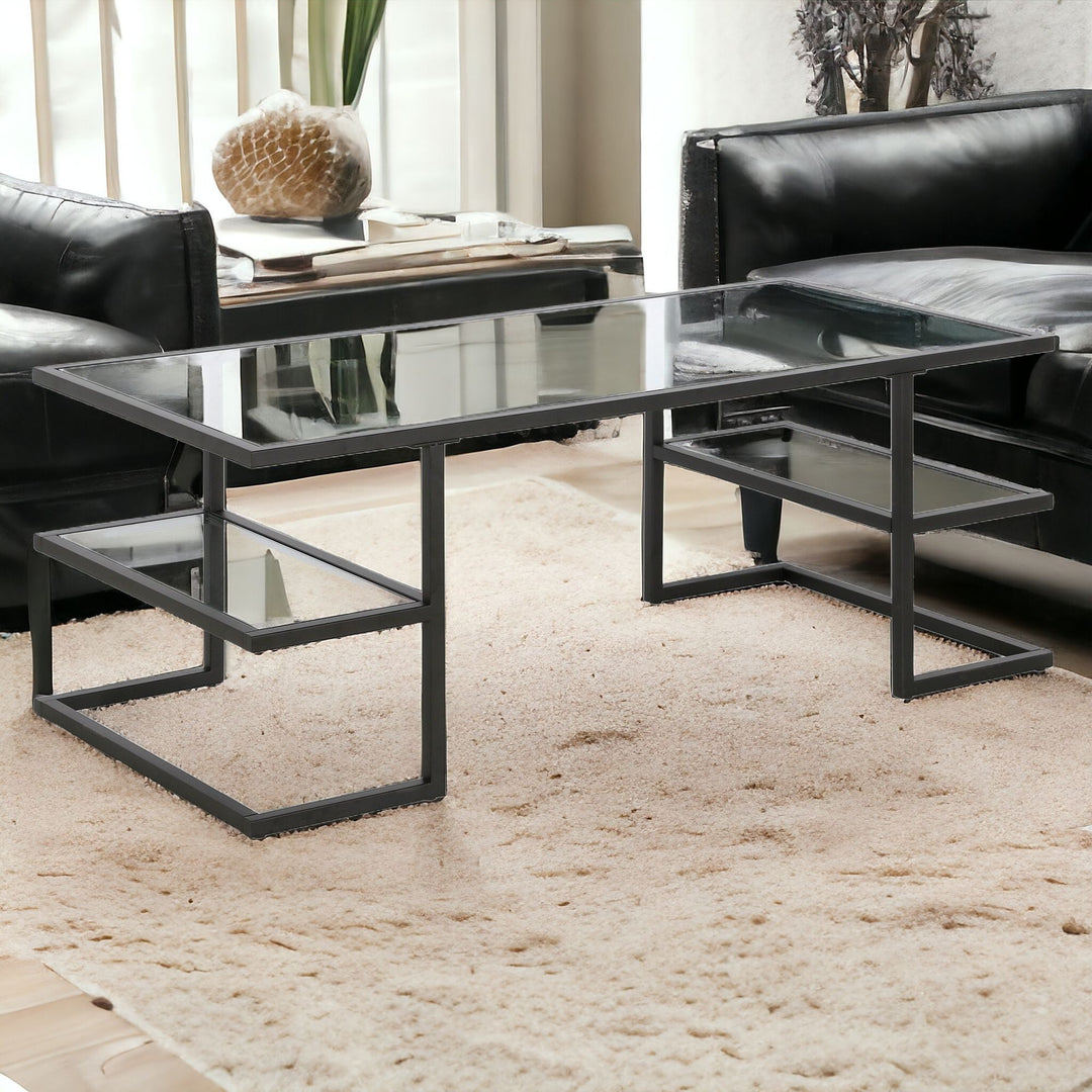 47" Black Glass And Steel Coffee Table With Two Shelves