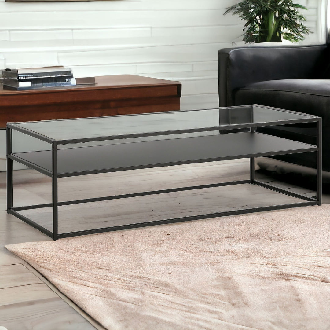 Functional 54" Black Glass and Steel Coffee Table with Shelf