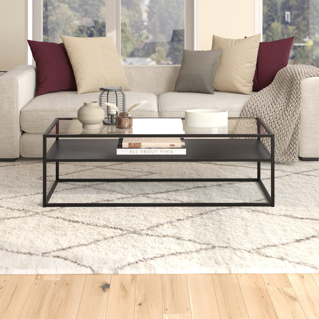 Functional 54" Black Glass and Steel Coffee Table with Shelf