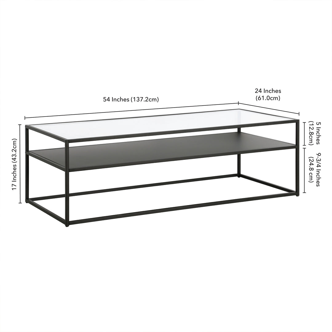 Functional 54" Black Glass and Steel Coffee Table with Shelf