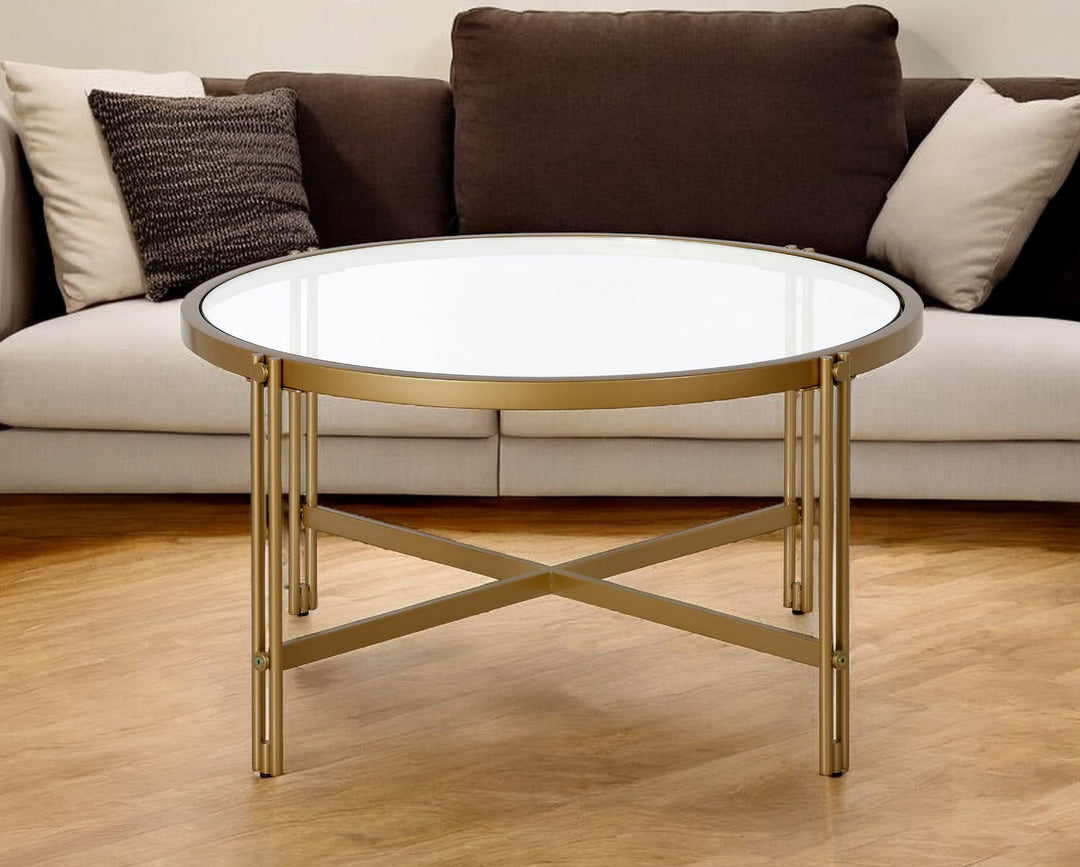 32-Inch Gold Glass and Steel Round Coffee Table