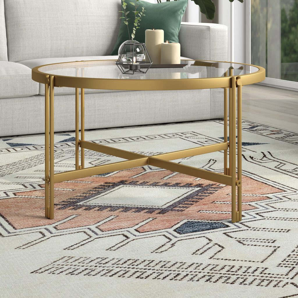 32-Inch Gold Glass and Steel Round Coffee Table