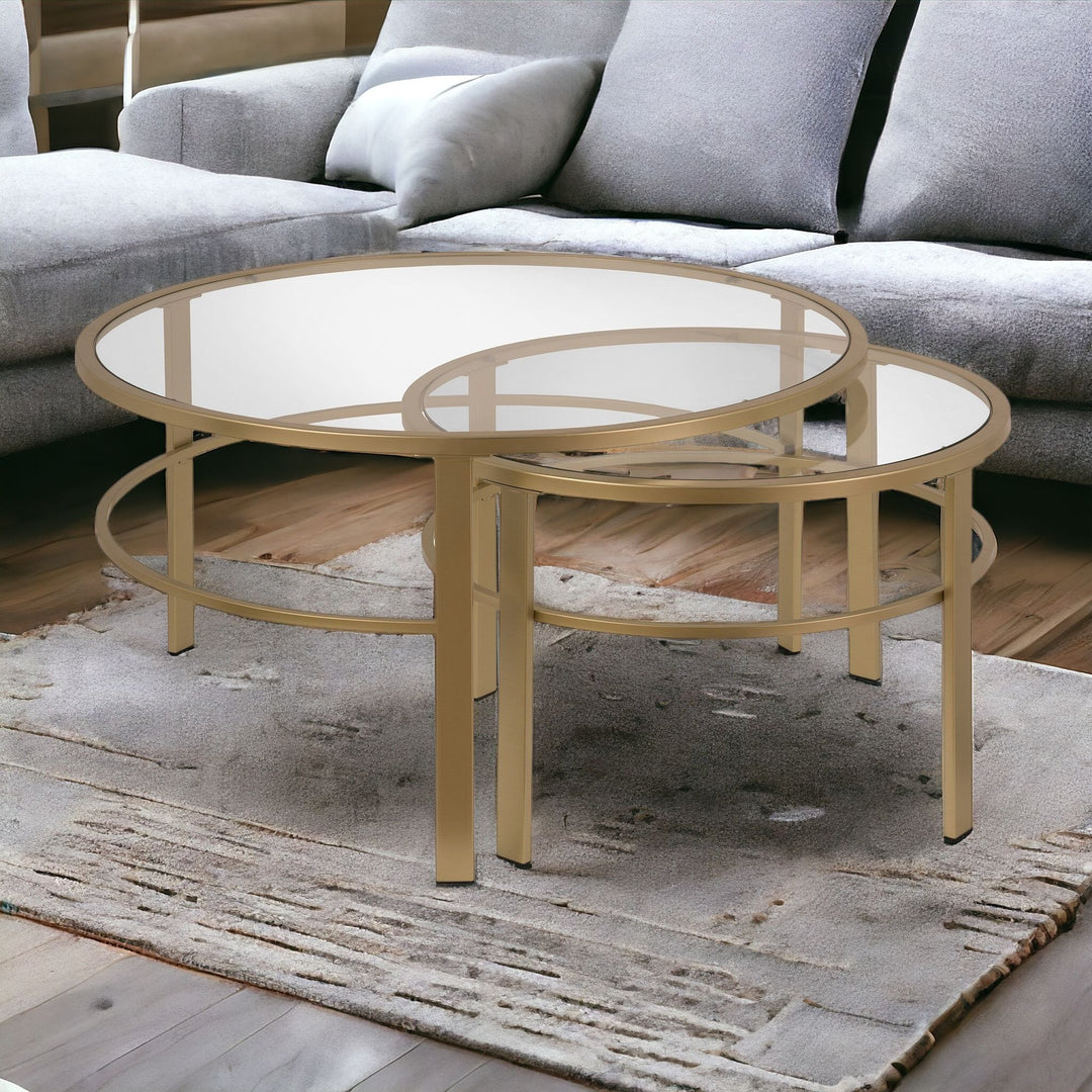 Set of Two 36-Inch Gold Glass and Steel Round Nested Coffee Tables