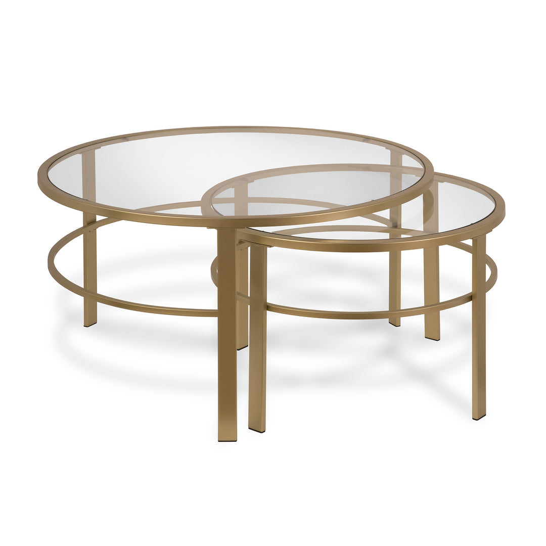 Set of Two 36-Inch Gold Glass and Steel Round Nested Coffee Tables