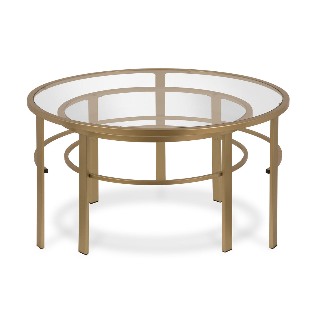 Set of Two 36-Inch Gold Glass and Steel Round Nested Coffee Tables