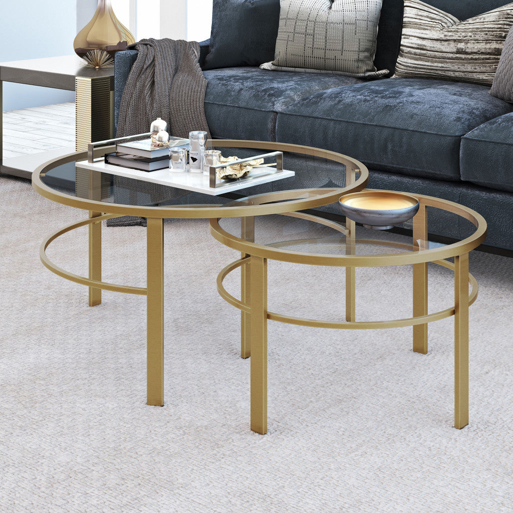 Set of Two 36-Inch Gold Glass and Steel Round Nested Coffee Tables