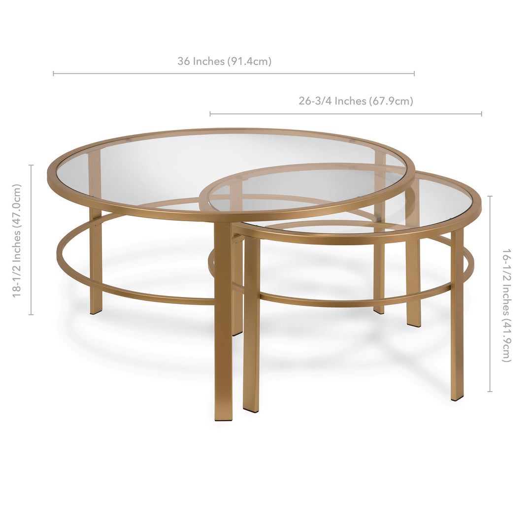 Set of Two 36-Inch Gold Glass and Steel Round Nested Coffee Tables