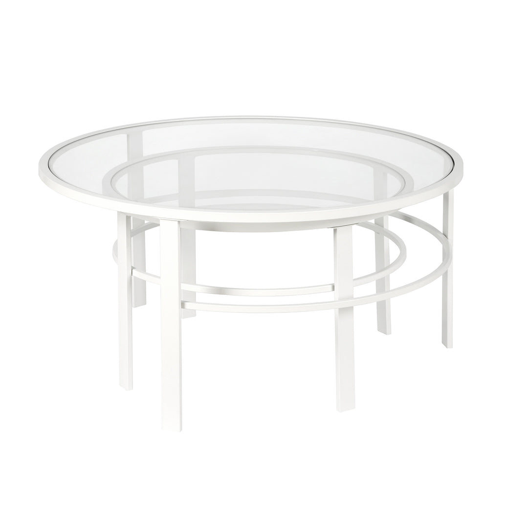 Set of Two 36" White Glass And Steel Round Nested Coffee Tables