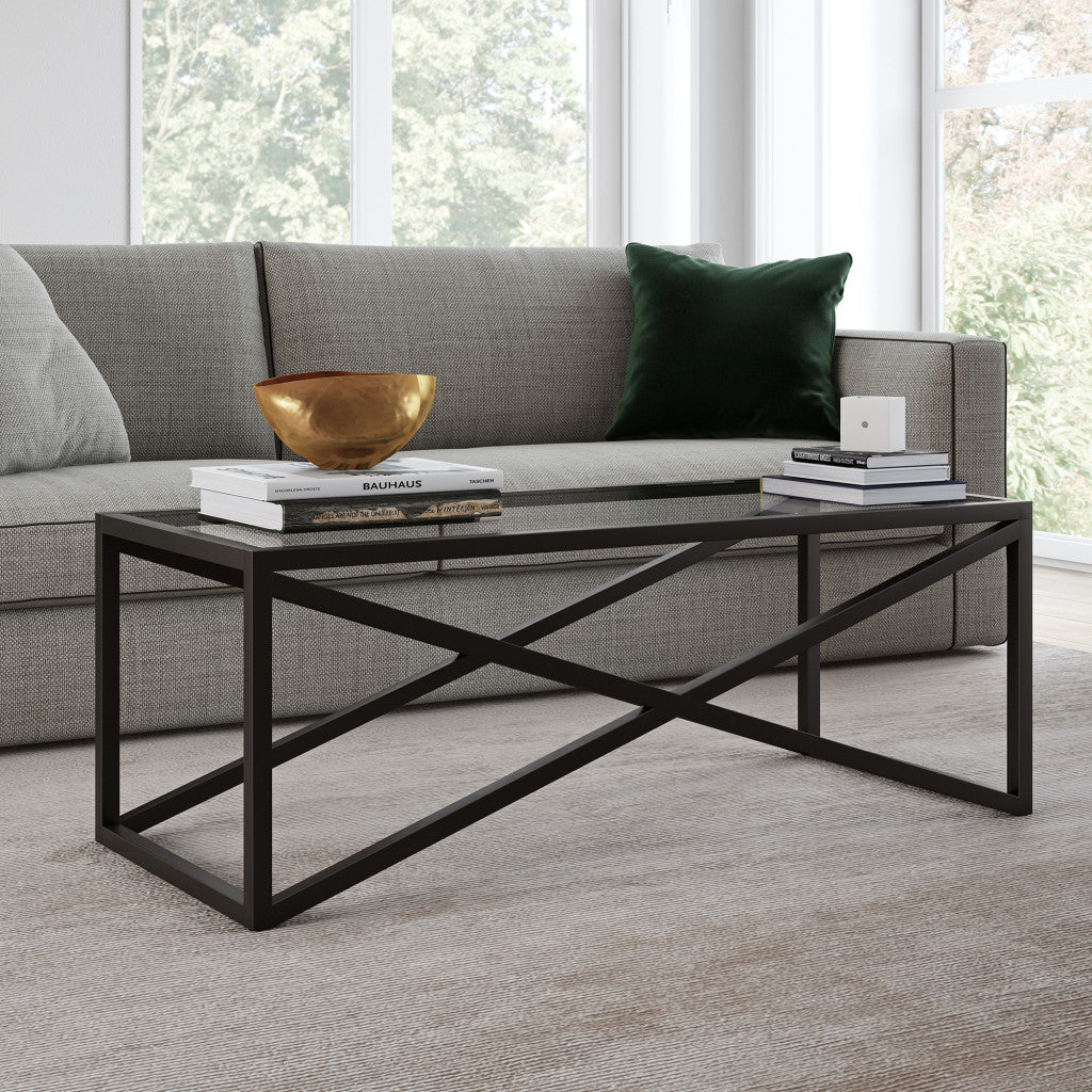 46-Inch Black Glass and Steel Coffee Table