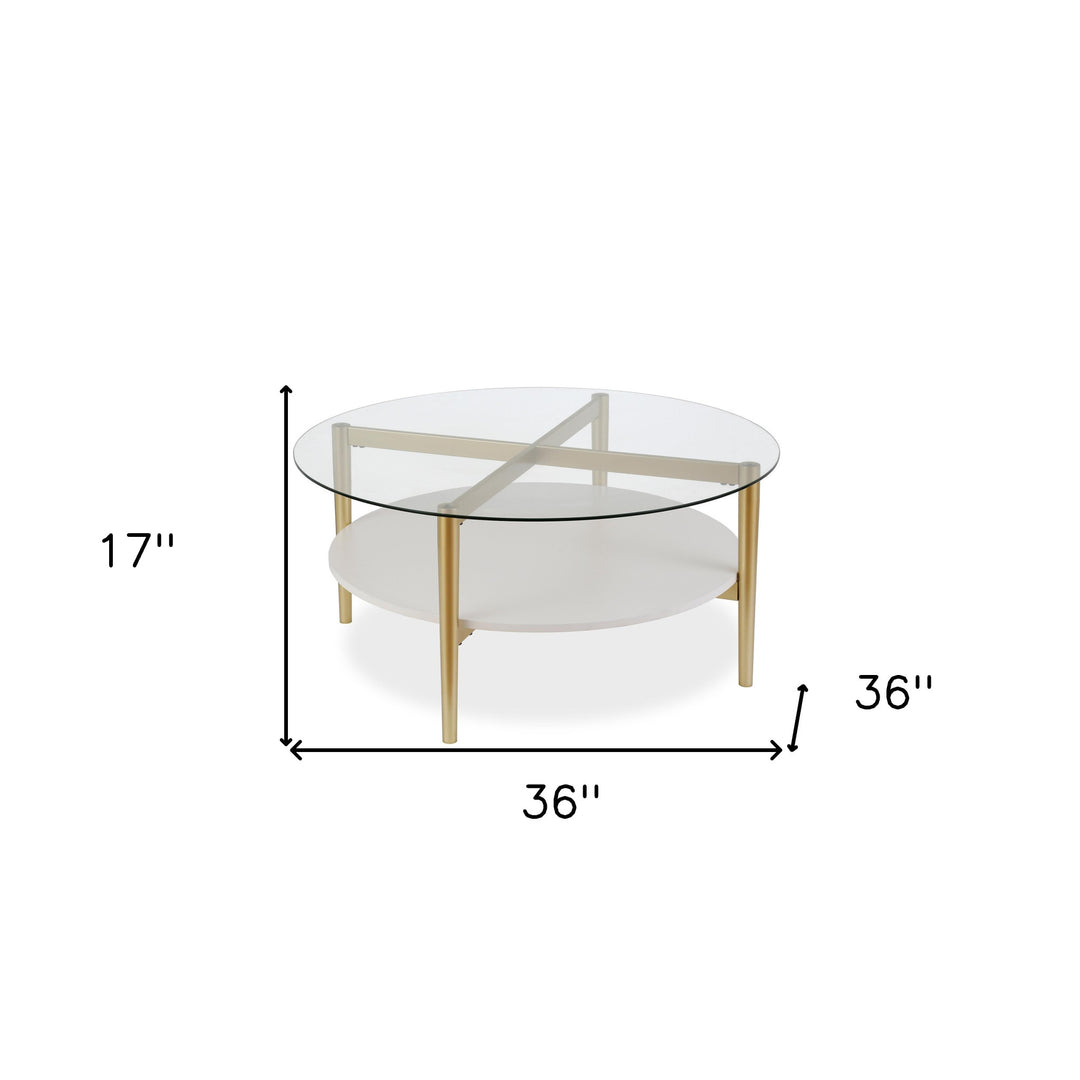 36" Clear And Gold Glass And Steel Round Coffee Table With Shelf