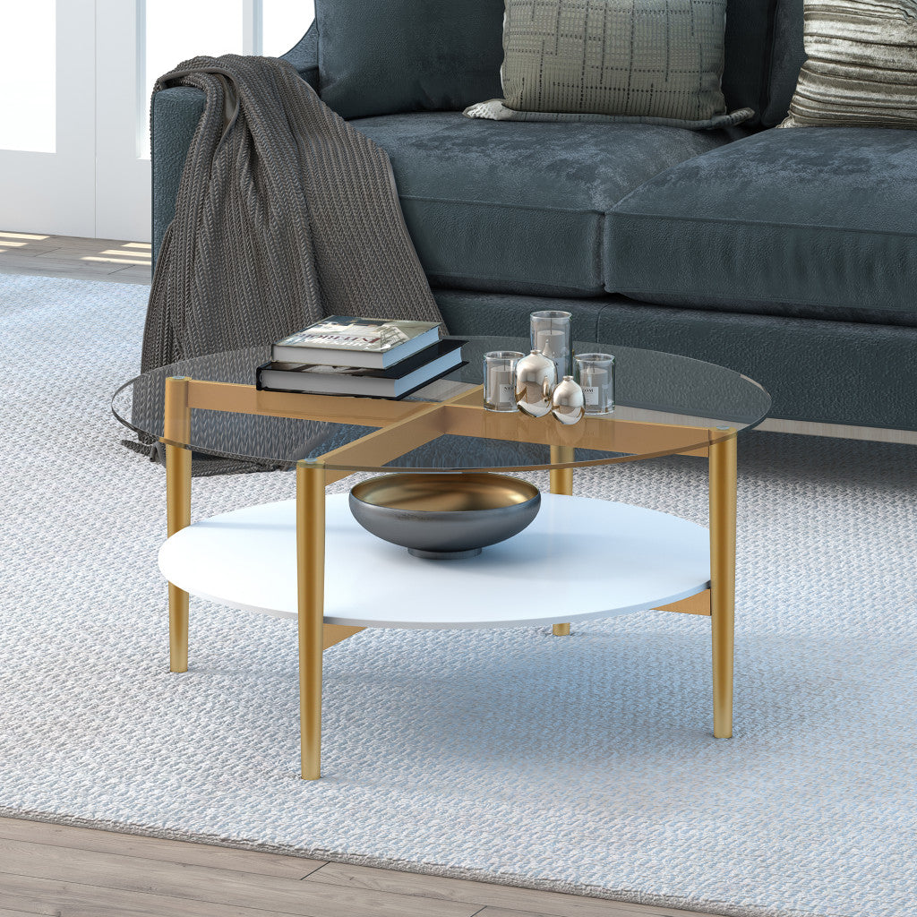 36" Clear And Gold Glass And Steel Round Coffee Table With Shelf