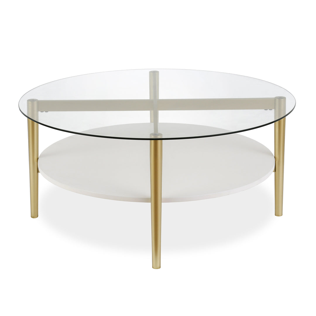 36" Clear And Gold Glass And Steel Round Coffee Table With Shelf