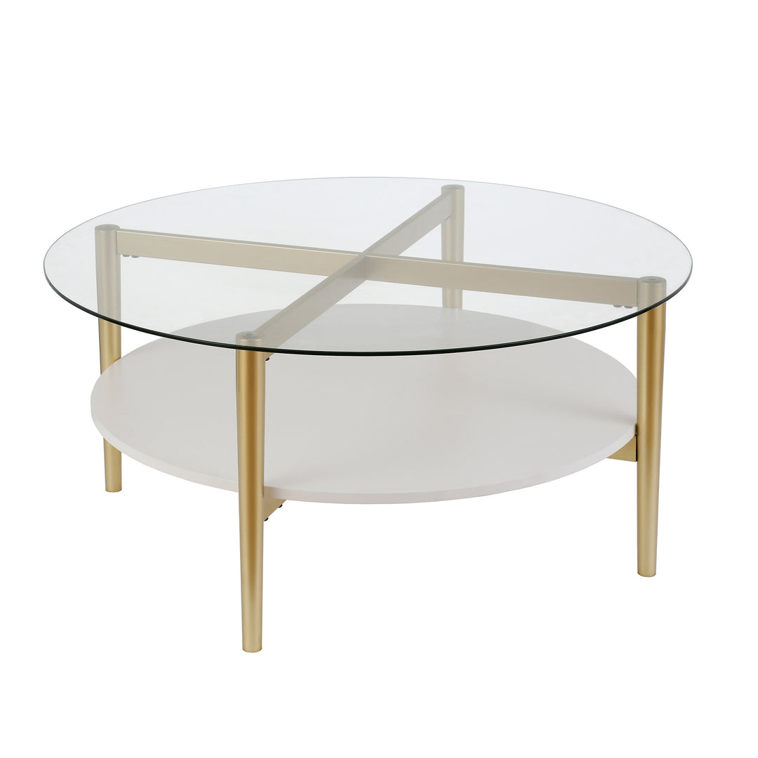 36" Clear And Gold Glass And Steel Round Coffee Table With Shelf