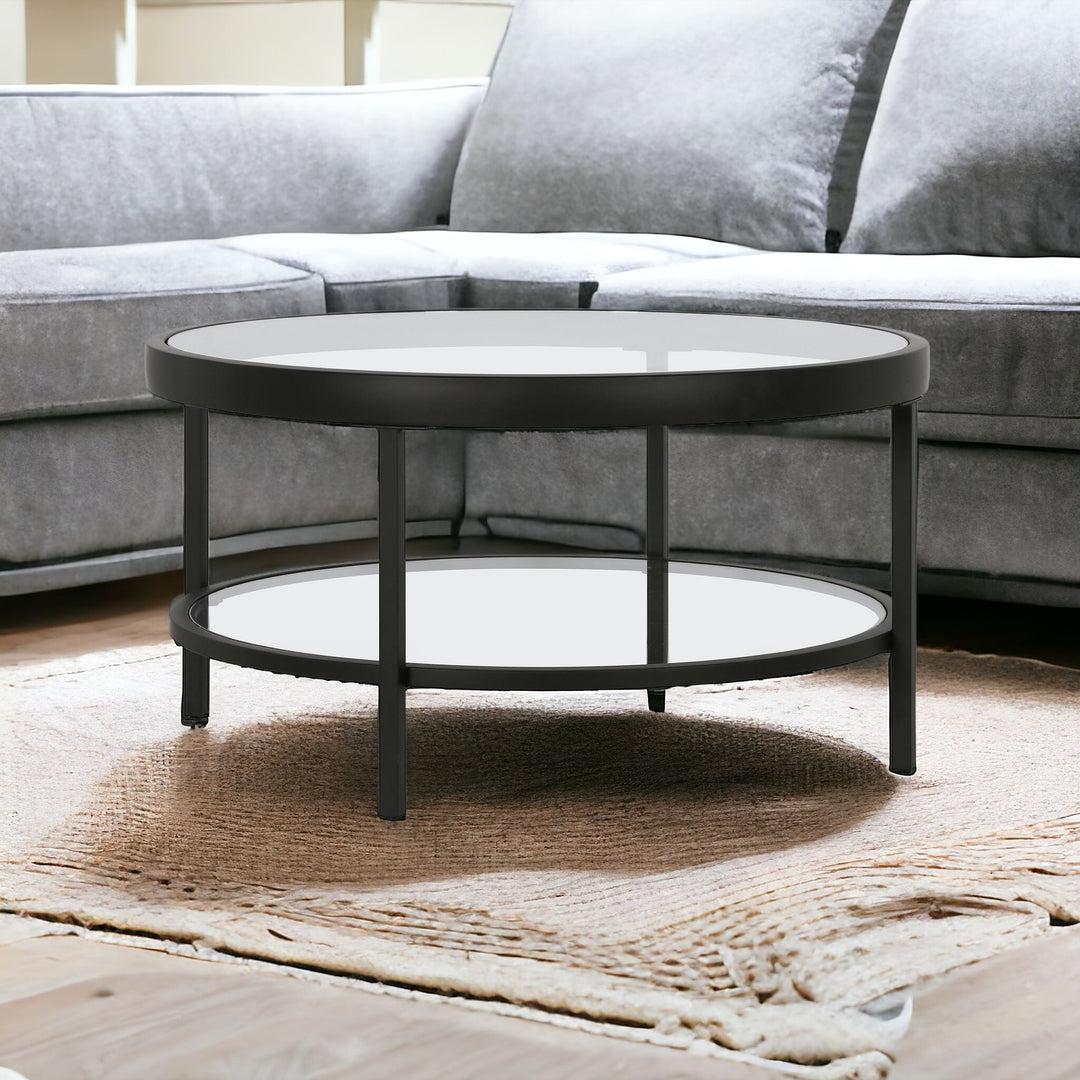 32-Inch Clear and Black Glass Round Coffee Table with Shelf