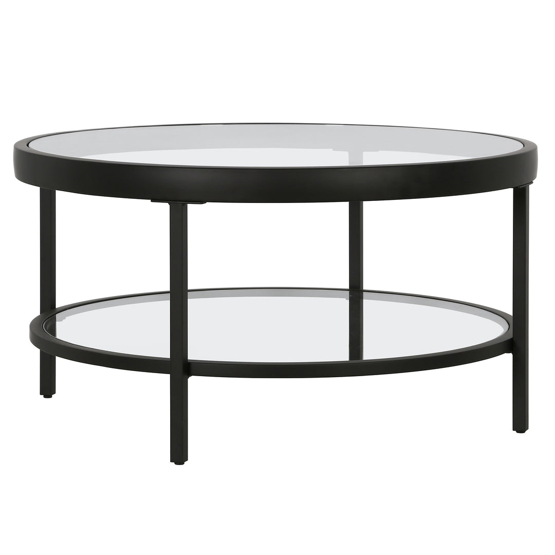 32-Inch Clear and Black Glass Round Coffee Table with Shelf