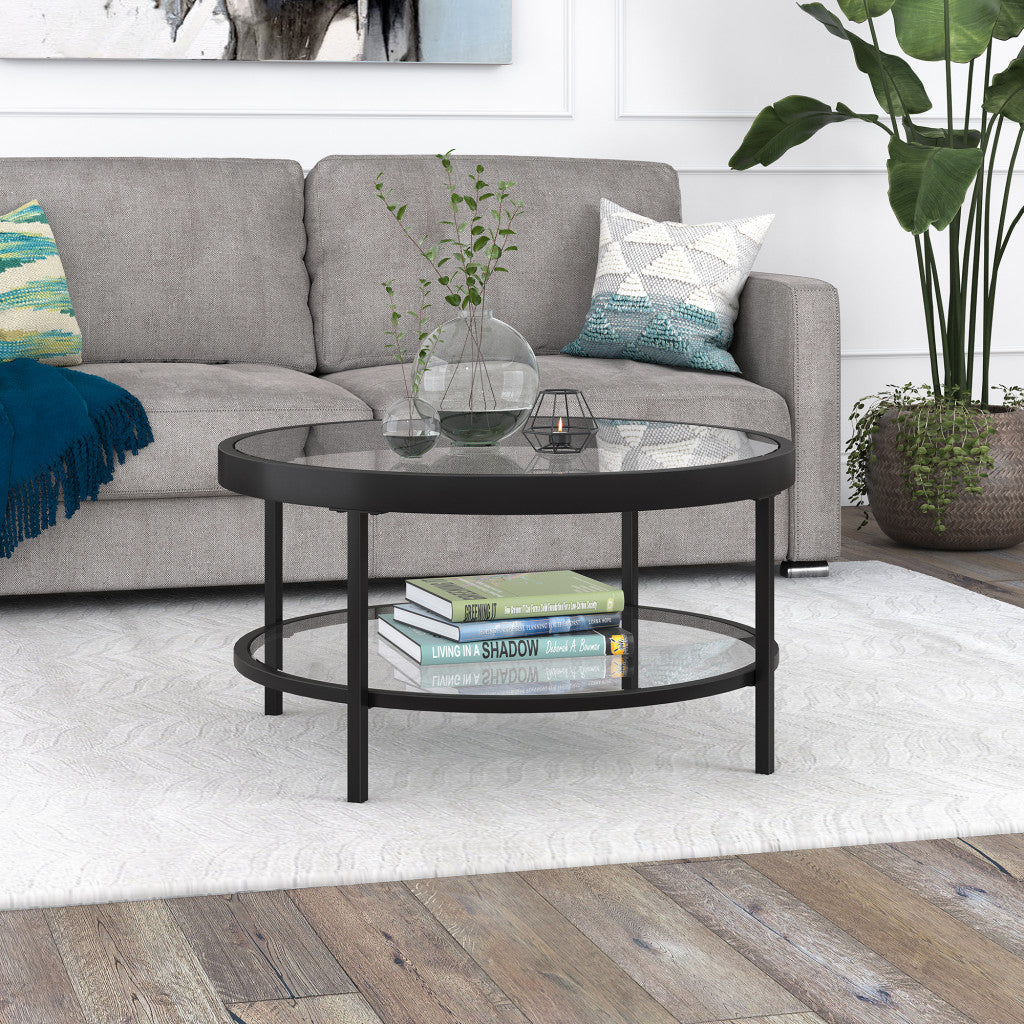 32-Inch Clear and Black Glass Round Coffee Table with Shelf