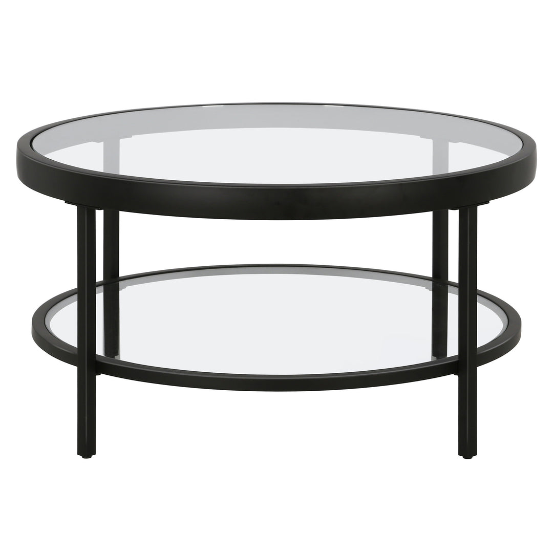 32-Inch Clear and Black Glass Round Coffee Table with Shelf