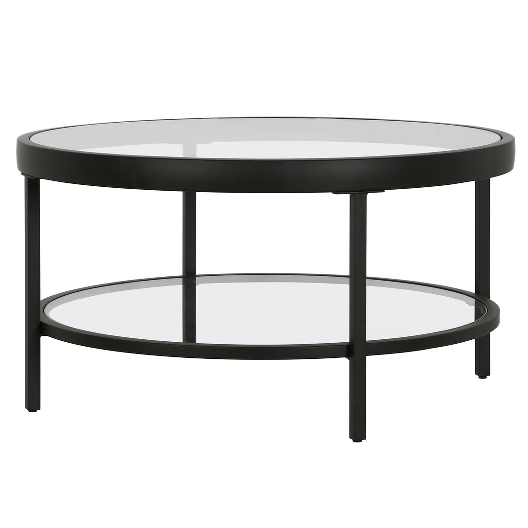 32-Inch Clear and Black Glass Round Coffee Table with Shelf