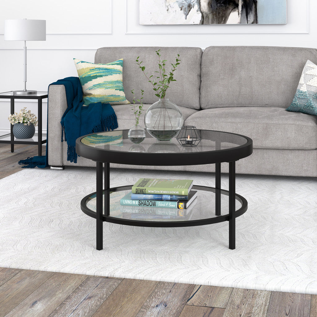 32-Inch Clear and Black Glass Round Coffee Table with Shelf