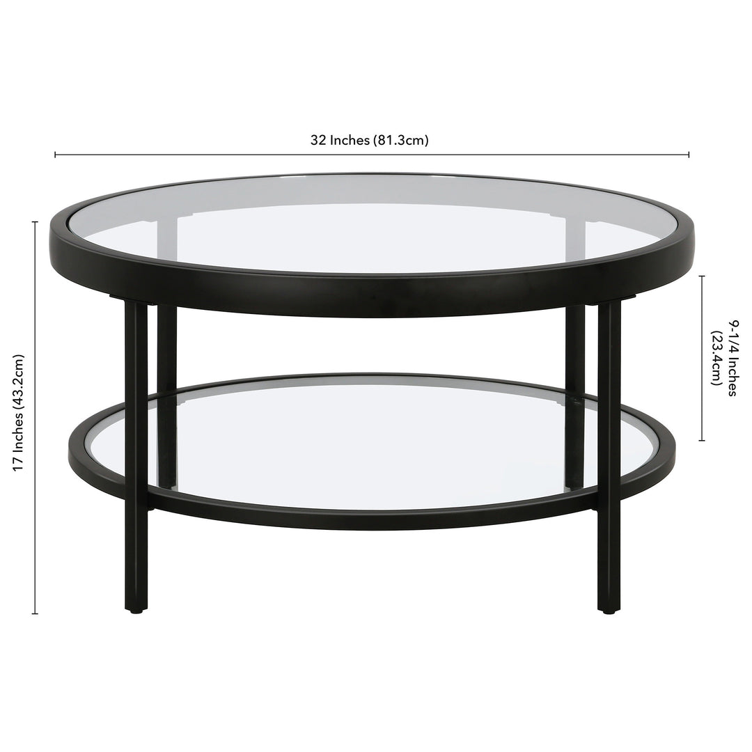 32-Inch Clear and Black Glass Round Coffee Table with Shelf