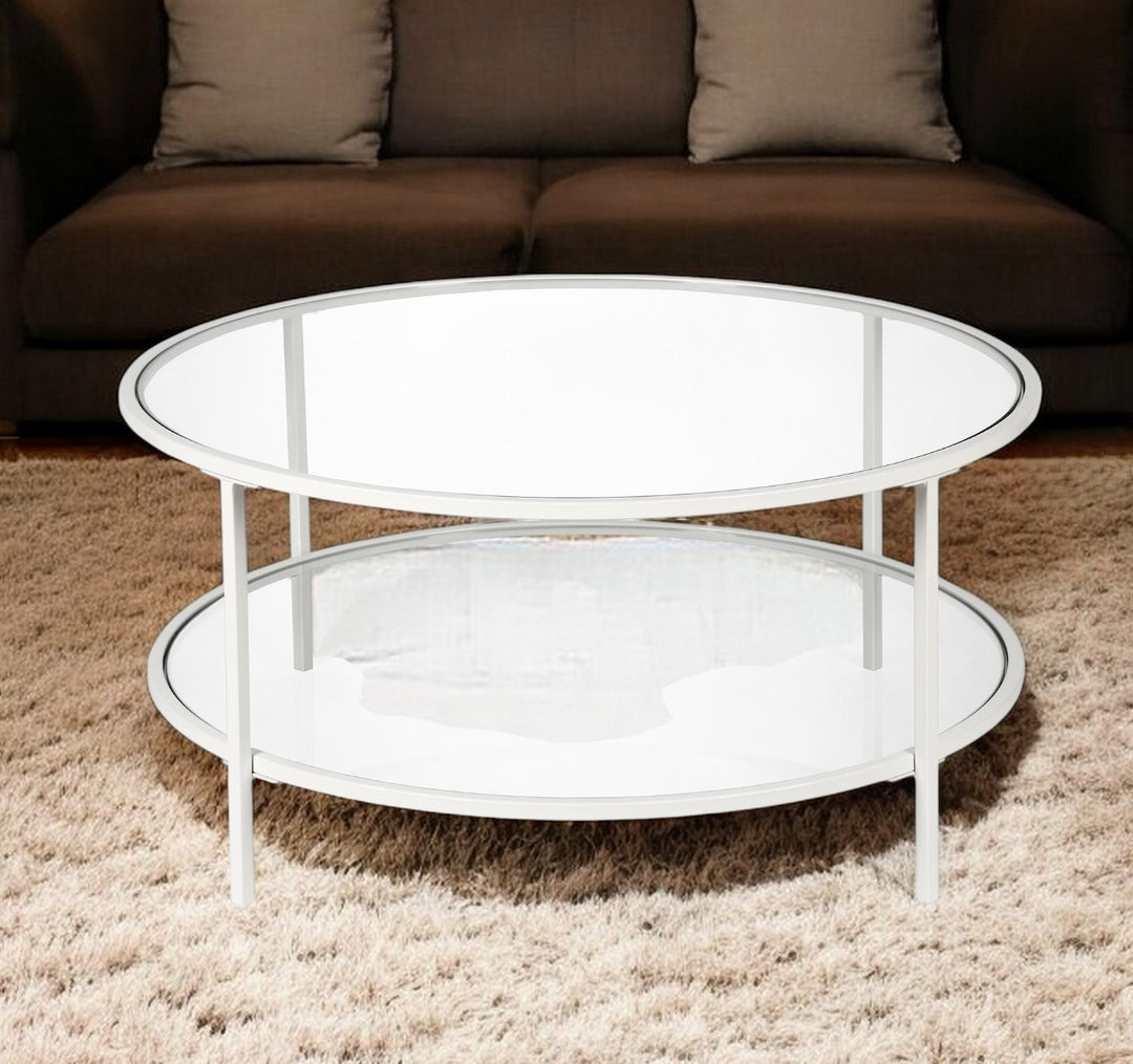 36" White Glass And Steel Round Coffee Table With Shelf