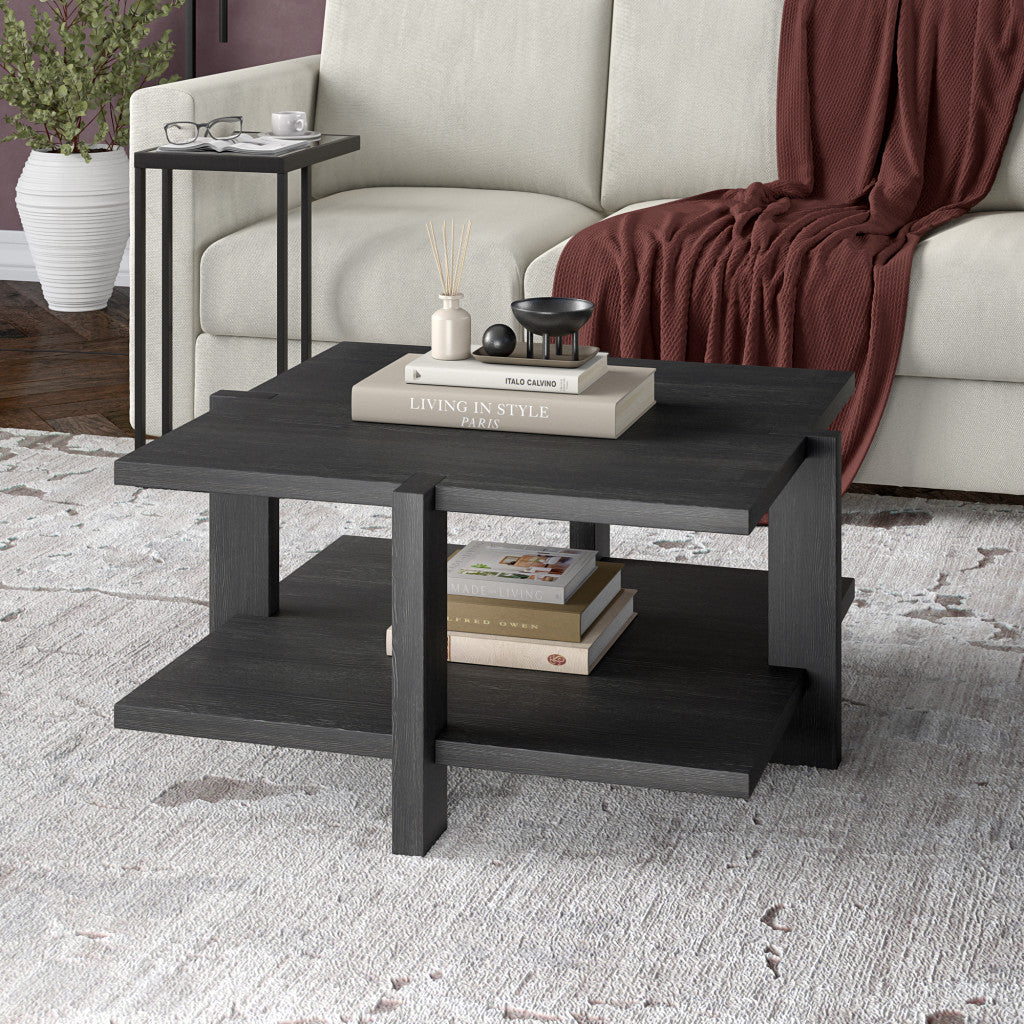 35" Gray Square Coffee Table With Storage Shelf