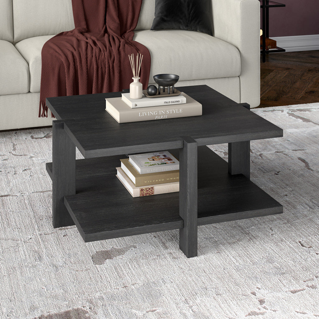 35" Gray Square Coffee Table With Storage Shelf