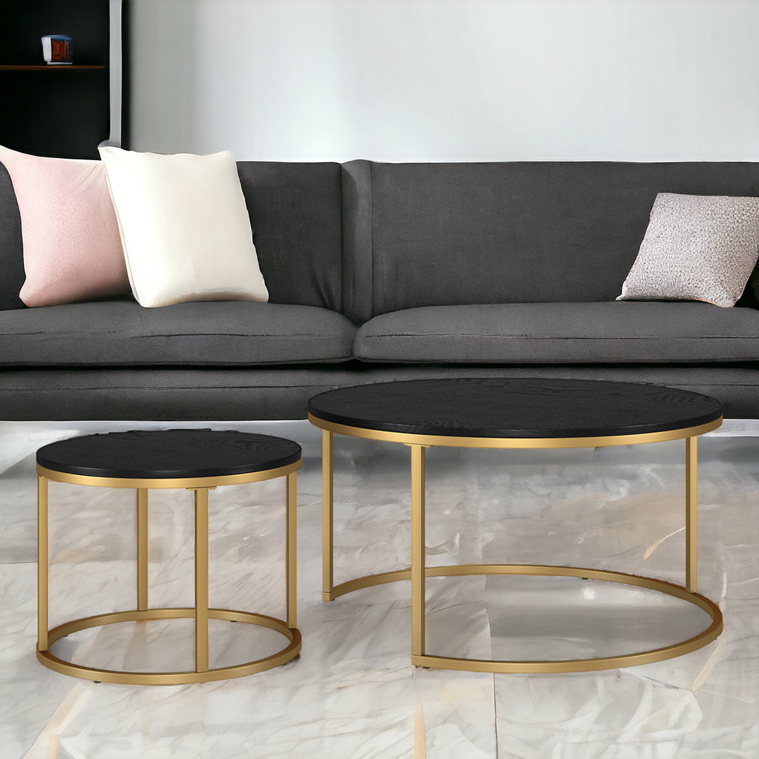 Set of Two 35-Inch Black and Gold Steel Round Nested Coffee Tables