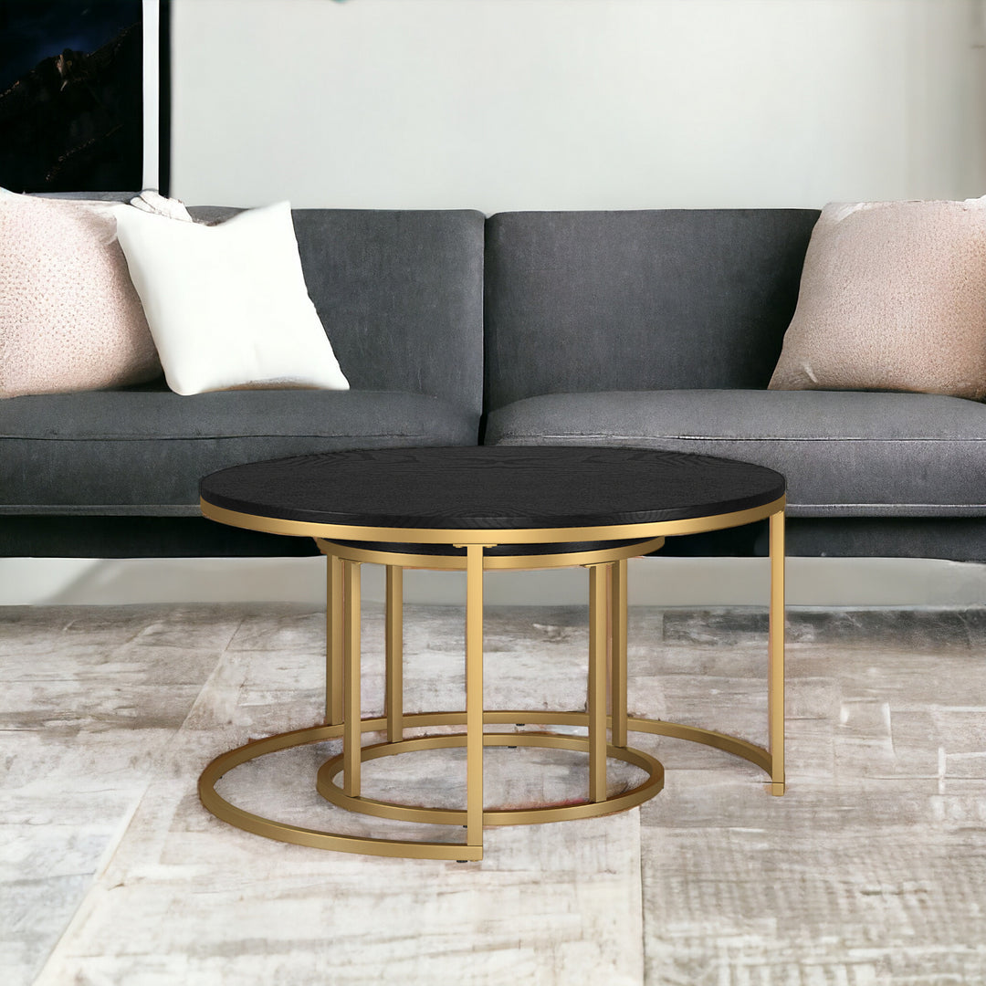 Set of Two 35-Inch Black and Gold Steel Round Nested Coffee Tables