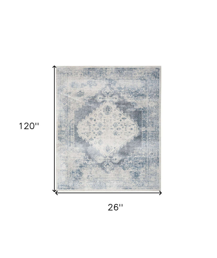 10' Blue Oriental Power Loom Distressed Washable Runner Rug