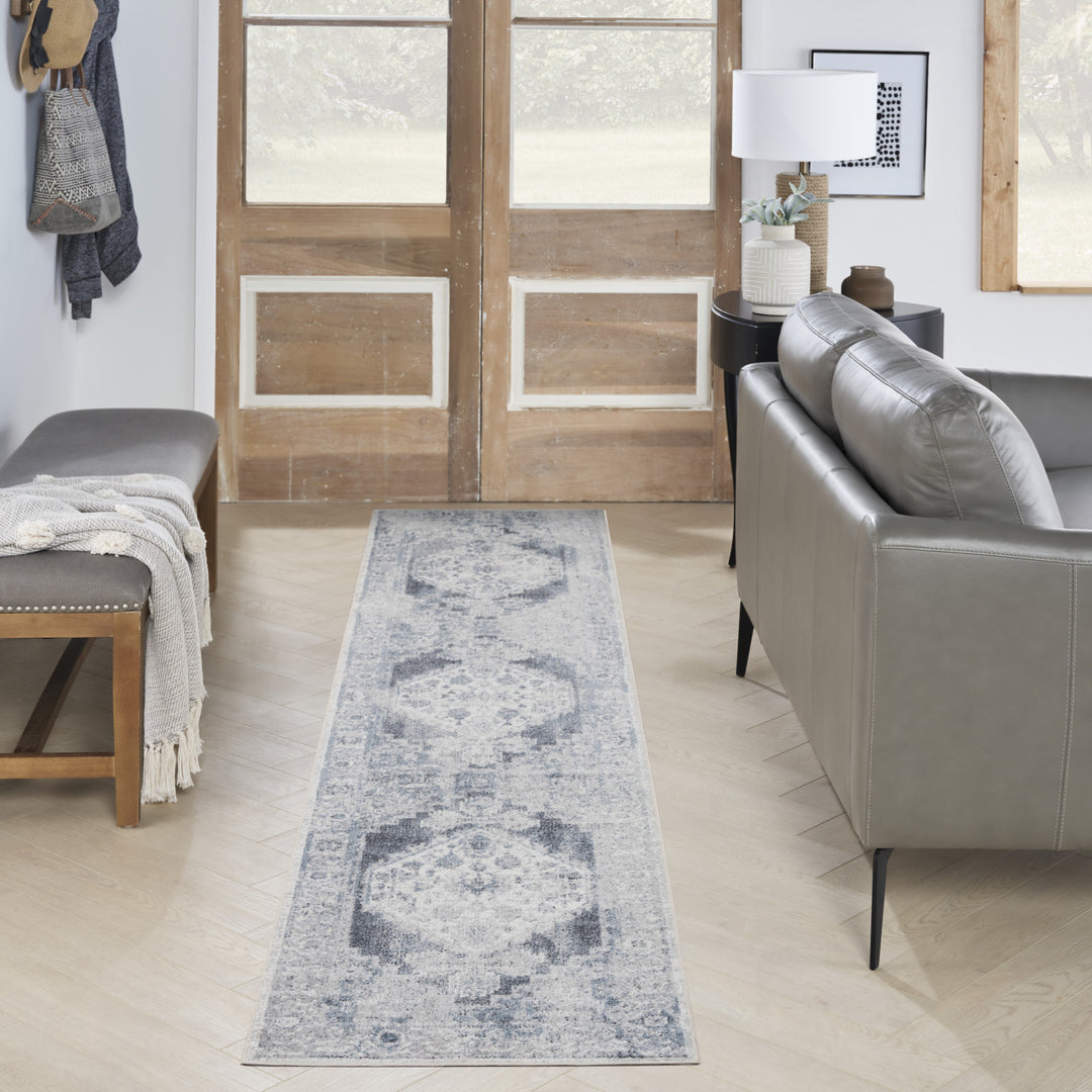 12' Blue Oriental Power Loom Distressed Washable Runner Rug