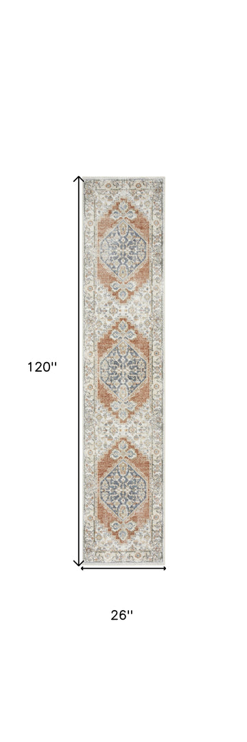 10' Runner Gray and Ivory Oriental Power Loom Distressed Washable Runner Rug