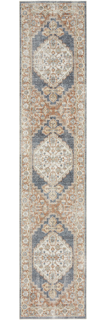 10' Denim Blue Oriental Power Loom Distressed Washable Runner Rug