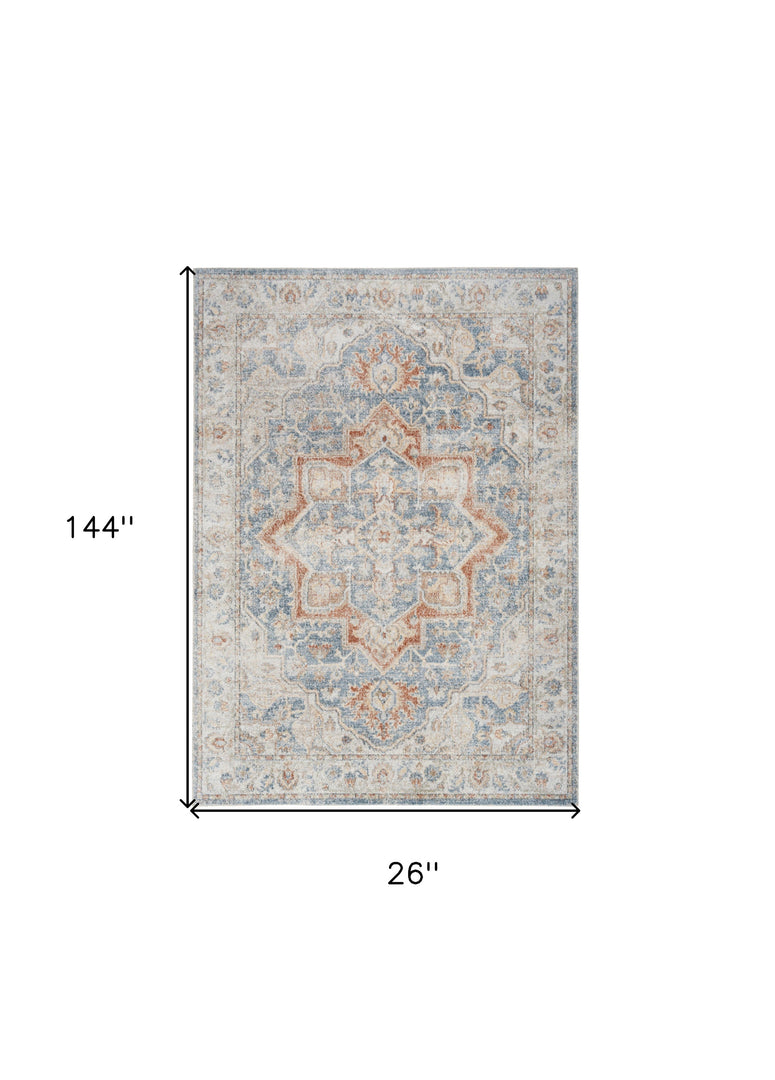 12' Denim Blue Oriental Power Loom Washable Runner Rug