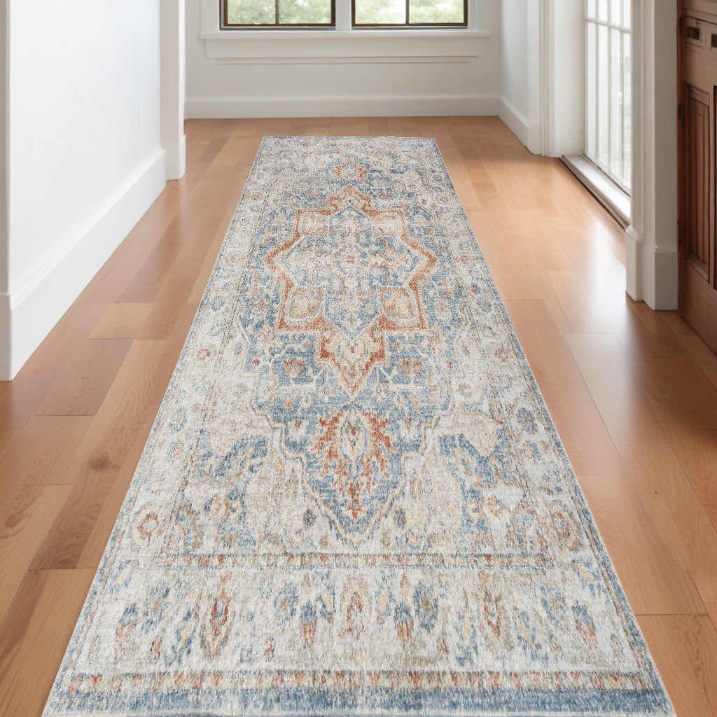 12' Denim Blue Oriental Power Loom Washable Runner Rug