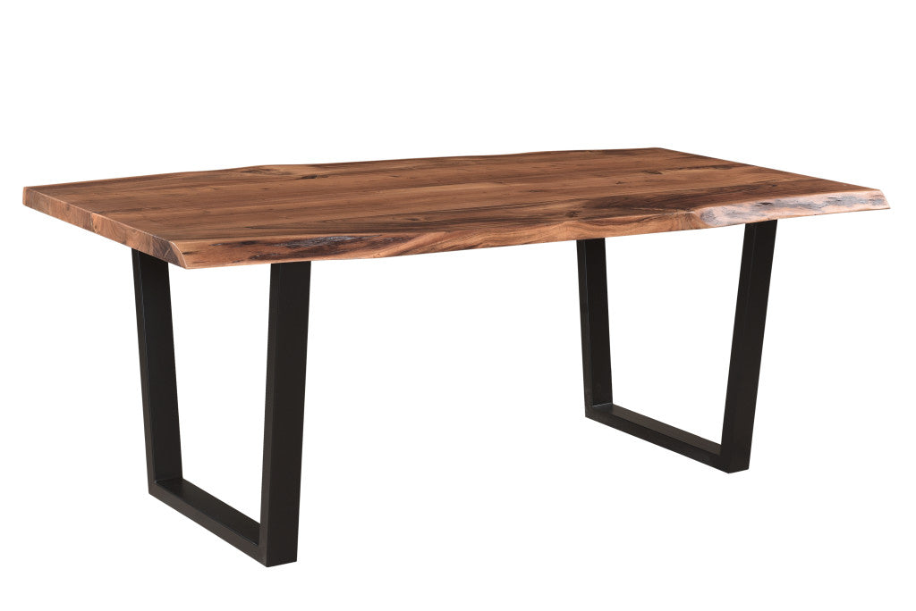 78-Inch Rustic Brown and Black Solid Wood Dining Table with Metal Base