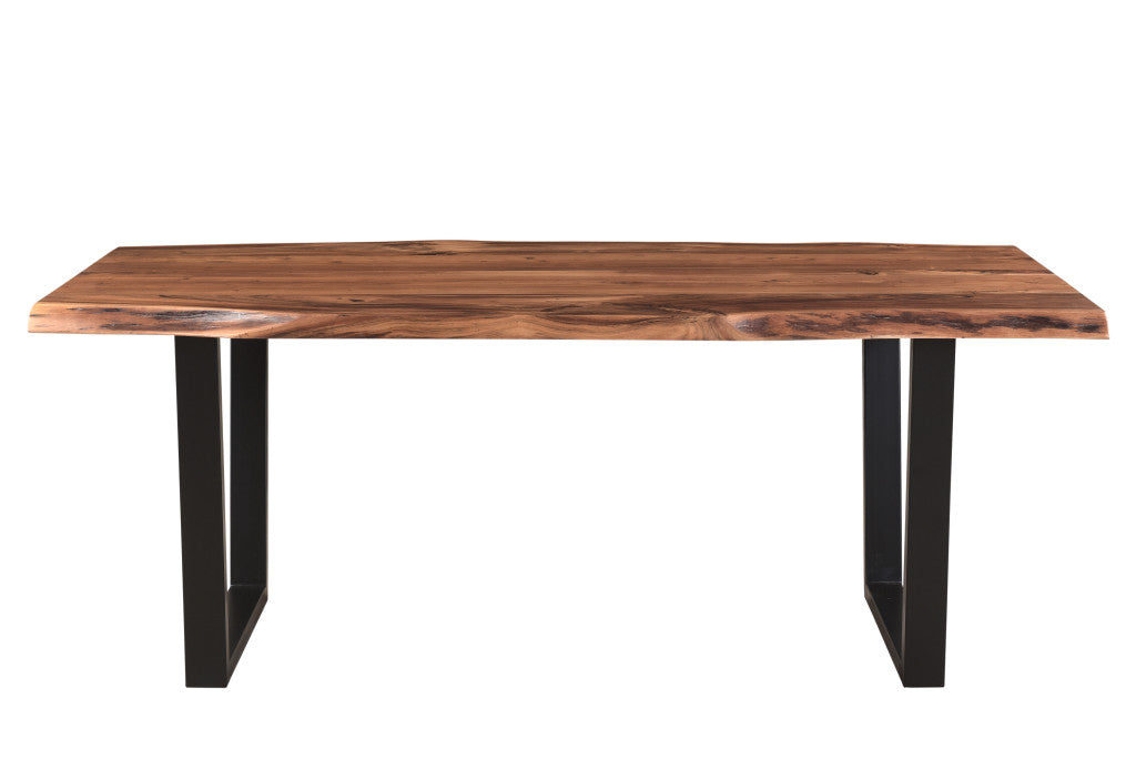 78-Inch Rustic Brown and Black Solid Wood Dining Table with Metal Base