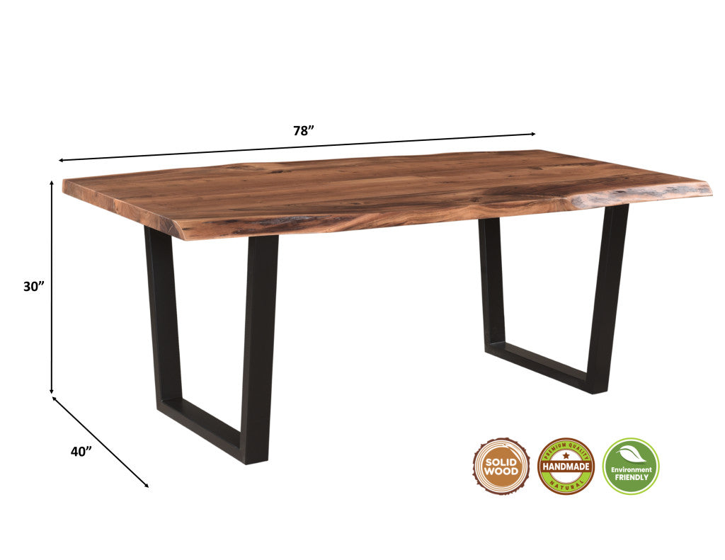 78-Inch Rustic Brown and Black Solid Wood Dining Table with Metal Base