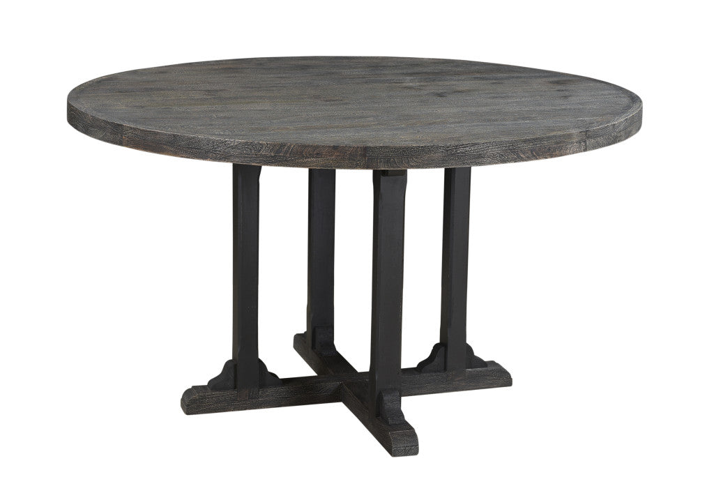 54" Black Solid Wood Round Dining Table with Rustic Pedestal Base