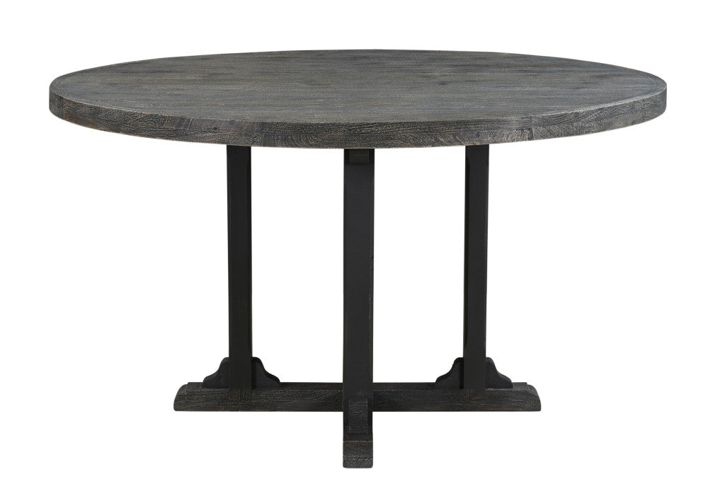 54" Black Solid Wood Round Dining Table with Rustic Pedestal Base