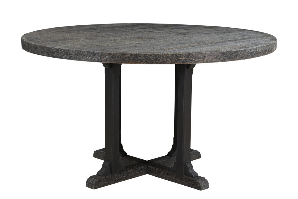 54" Black Solid Wood Round Dining Table with Rustic Pedestal Base